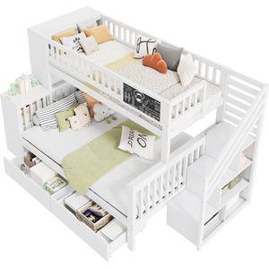 Merax Stapelbed 140x200 cm en 90x200 cm met Opbergruimte - Bed met Krijtbord en Lade - Wit