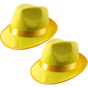 2x stuks trilby carnaval verkleed hoed neon geel - Gele feesthoedjes