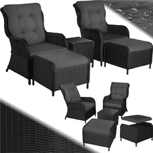 tectake® 2x Premium Wicker Fauteuils met Krukken en Tafel - Relaxfauteuils voor Tuin, Terras en Balkon - Weerbestendige Lounge Tuinmeubelset - Tuinstoelen, Leesstoelen en Ligstoelen - Zwart/Grijs