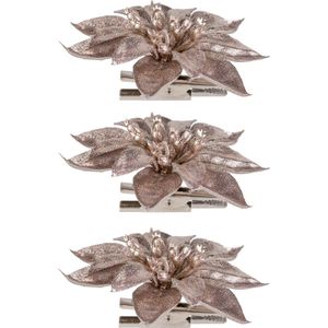 3x stuks decoratie bloemen kerststerren roze glitter op clip 9 cm - Decoratiebloemen/kerstboomversiering