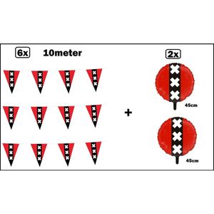 6x Vlaggenlijn Amsterdam 10 meter + 2x Folieballon Amsterdam (45 cm) - Vlaglijn hoofdstad festival 020 thema feest ajax vlag stad steden