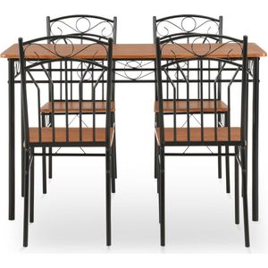 vidaXL Eethoek - 5-delig - MDF en Staal - Bruin/Zwart Eetkamerstoel - Eettafel - Houten Meubels - Bruine Meubels - Zwarte Meubels