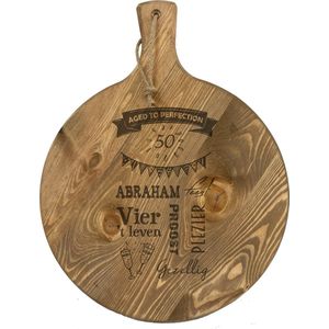 Grote ronde borrelplank / Pizzaplankmet tekst gravure ABRAHAM. Cadeau-50 jaar-abraham. doorsnede 38 cm