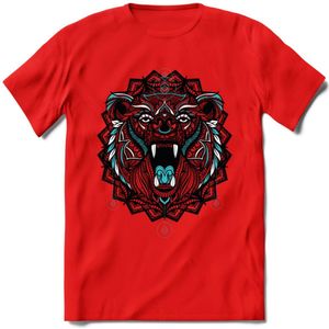 Beer - Dieren Mandala T-Shirt | Lichtblauw | Grappig Verjaardag Zentangle Dierenkop Cadeau Shirt | Dames - Heren - Unisex | Wildlife Tshirt Kleding Kado | - Rood - L