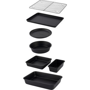 Bakes Stackable 7 Piece Bakeware Set - Non-Stick Baking Tray-Cake Tin-Tart Tin-Loaf Pan-Brownie Pan-Roasting Tin-Cooling Rack - Compact Storage PFOA-Free Oven Safe Black