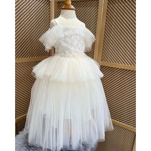 luxe feestjurk-bruidsjurk-vintage jurk-tule jurk -bruiloft-communie-fotoshoot-spaghettibandjes-ivoor-goudkleur- 3 jaar