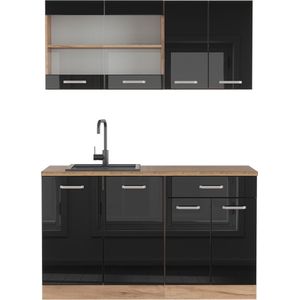 Vicco R-Line Eenpersoonskeuken – 140 cm , WB Eik Eiken hoogglans zwart/goud , WB Eik