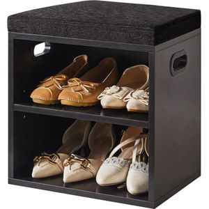Opbergbank met zitkussen, 2-laags schoenenrek met gevoerde zitting, verstelbare schoenenorganizer, kast voor ingang, woonkamer, hal, kast, 42 x 39 x 28 cm (h x b x d), zwart