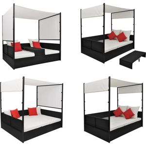 vidaXL Tuinbed met luifel 190x130 cm poly rattan zwart - Tweepersoons Ligbed - Tweepersoons Ligbedden - Buitenbed - Buitenbedden