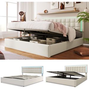 Gestoffeerd bed met lattenbodem en opbergruimte, tweepersoonsbed inclusief LED-verlichtingsstrip, bedframe 180x200cm, opbergruimte bed, functionele bedovertrek van wit kunstleer