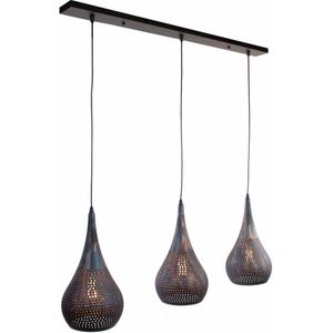 Landelijke hanglamp Bruciato | 3 lichts | bruin / zwart | metaal | in hoogte verstelbaar tot 150 cm | 110 x 8 cm balk | eetkamer / eettafellamp | modern / sfeervol design