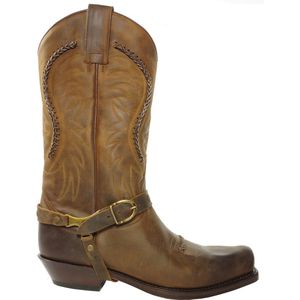 Sendra Boots 3434 Sam Bruin Dames Heren Biker Western Boots Unisex Vierkante Neus Schuine Hak Lederen Zool Siervlechtwerk Echt Leer Maat 36