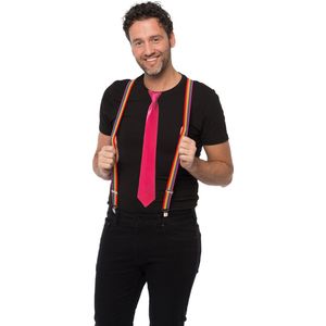 Carnaval verkleedset bretels en stropdas - regenboog - roze - volwassenen/unisex - feestkleding
