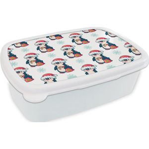 Broodtrommel Wit - Lunchbox - Brooddoos - Pinguïn - Kerstmuts - Kind - Patronen - Kerstmis - 18x12x6 cm - Volwassenen