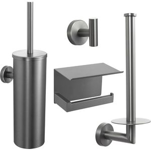 VDN Stainless Toiletaccessoireset Gun metal 4-delig - Toiletborstelhouder - Toiletrolhouder met plankje - Handdoekhaakje - Reserverolhouder