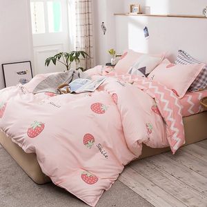 Beddengoed voor meisjes, 135 x 200 cm, roze aardbeien, kinderbeddengoed, set, roze, wit gestreept, 100% microvezel, kinderdekbedovertrek, met kussensloop 80 x 80 cm