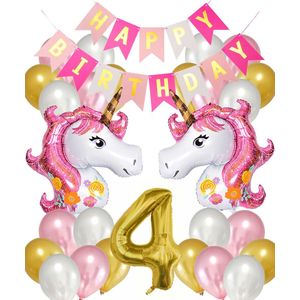 Snoes Ballonnen Set Unicorn 4 Jaar - Verjaardag Versiering Slinger - Folieballon - Helium Ballonnen