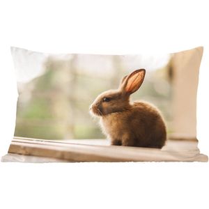 Sierkussens - Kussen - Baby konijn zittend in het zonlicht - 60x40 cm - Kussen van katoen