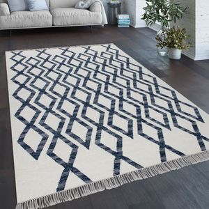 Paco Home vloerkleed woonkamer Boho stijl franje handgeweven wol-katoen mengsel blauw 160x230 cm