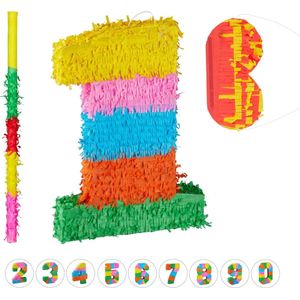 Relaxdays 3-delige pinata set verjaardag - stok + blinddoek - getallen pinata - nummer 1