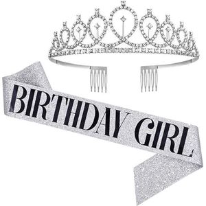 Shining Diva Fashion Nieuwste Stijlvolle Verjaardagssjerp en Tiara | Zilver | Materiaal: Plastic Verjaardagskoninginnenkroon Giften voor Beste Vriendin, Zus, Tiener Verjaardag Decoratie Artikelen Voor Meisjes