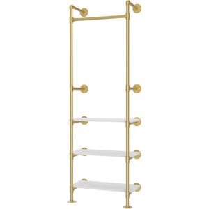 Chic Kledingrek GOUD Stevige IJzeren Water Pijp Constructie met 3 Wit MDF Niveaus Organiseren Lange & Vouw Kleding 25KG Per Plank Hang 30KG 61x31x178cm- Kleding Rail- Open Garderobe- Design Muur Rek Slaapkamer- Wandrek- Roestbestendig & Krasbestendig