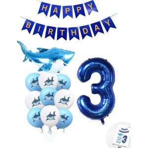 Cijferballon 3 Blauw - Haai - Shark - Ballonnen Pluspakket - Slinger Feestvieren - Verjaardag Snoes