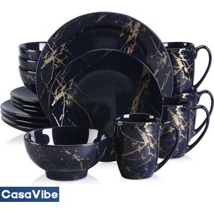 CasaVibe Serviesset – 16 delig – 4 persoons – Porselein - Luxe – Goud - Donker Blauw – Bordenset – Dinner platen – Dessertborden