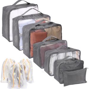 Bastix - Set van 10 grijze kofferorganizerset voor reizen, paktassen voor koffer/bagage, pakkubus, compressieorganizer, koffertassen voor kleding, toiletartikelen en reisbenodigdheden
