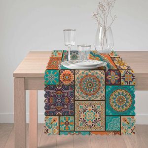 Bedrukt Velvet Textiel Tafelloper 45x135 - Blauwe&Oranje Mandala - Fluweel - Tafel decoratie woonkamer