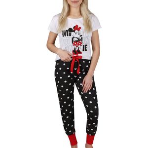 Minnie Mouse Disney - Katoenen damespyjama met korte mouwen in zwart en wit met stippen / XL