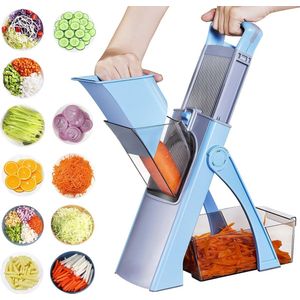 Mandoline - Verstelbare Groentesnijder inclusief schoonmaakborstel en opvangbak - Keukensnijder - Aardappelsnijder - Blauw