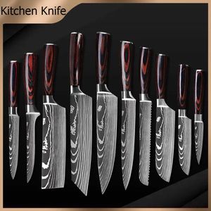 Keukenmessen - Knife set - Chef Knife - Knives - Kitchen Knife - Roestvrij staal met hoog koolstofgehalte - Damascus-tekening - Hakmesset - Santoku-koksmes - 10stuks