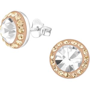 Joy|S - Zilveren classic ronde oorbellen - 9 mm - kristal wit met peach roze