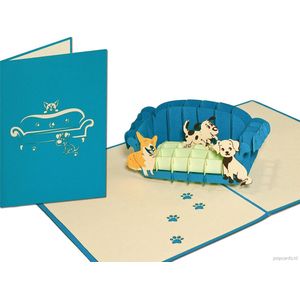 Popcards popupkaarten - Spelende Honden op sofa Hond Dierendag Verjaardag Jarig Verjaardagskaart Felicitatie pop-up kaart 3D wenskaart
