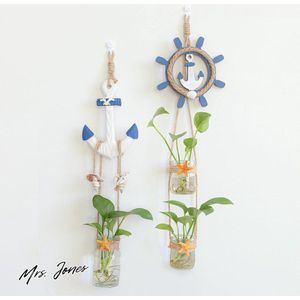 Mrs. Jones Nautische muur opknoping glazen plantenbak - plantenstandaard - bloem vaas - schepen wiel en anker decoraties - terrarium plantenbak - kweekstations voor hydrocultuur snijden - huis tuin kantoor. .