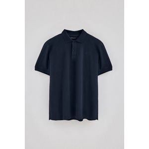 Marineblauwe polo van linnen en katoen met twee knopen en geborduurd monogram