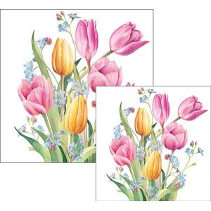 Ambiente servetten - Tulpenboeket - 2 pakjes 33x33cm en 25x25cm - wit roze blauw geel groen - voorjaarsbloemen - Pasen