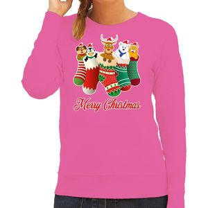 Bellatio Decorations Foute kersttrui/sweater dames - kerstsokken - roze - kerstdieren - rudolf L
