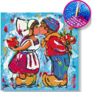 Boeren melkmeisje blauw | Diamond painting | 50x50cm | Vierkante steentjes | Op frame gespannen | Vrolijk Schilderij | Corrie Leushuis