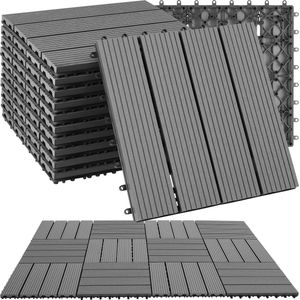 tectake® WPC houten tegels - Houtlook tegels - Weerbestendig - Vloerbedekking voor buiten - Vloertegels - Balkonvloer - Terrastegels met kliksysteem - Afvoer - Set van 11 - Grijs