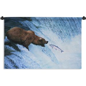 Wandkleed Roofdieren - Grizzly beer aan het vissen Wandkleed katoen 180x120 cm - Wandtapijt met foto XXL / Groot formaat!