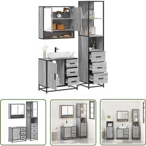 The Living Store 3-delige Badkamermeubelset bewerkt hout grijs sonoma eikenkleur - Badkamermeubilair - Badkamerspiegel - Wastafelkast - Badkamerkasten - Grijze Badkamer
