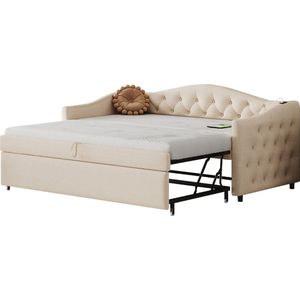 Merax Uitschuifbaar Slaapbank 90x200 cm – Multifunctioneel Bed met USB-Aansluiting - Linnen Bekleding en Lattenbodem – Beige
