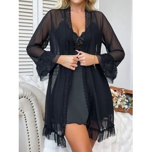 nachtjapon badjas satijn sexy zwart pyjamaset nachtkleding dames mesh kant