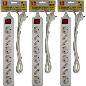 Benson stekkerdoos - 3x - 8-voudig - wit - 1,5 meter - 4 platte en 4 ronde stekkers - met schakelaar