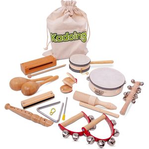Kadoing® 18-Delige Houten Muziekinstrumenten Set - Montessori Speelgoed - Houten Speelgoed - Kinderspeelgoed - Muziek Cadeau voor Kinderen - Tamboerijn - Speelgoedinstrumenten - Muziekset