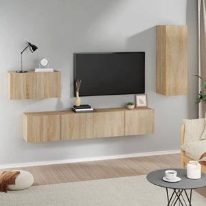 vidaXL Tv-meubelset 4-delig - Sonoma eiken - Bewerkt hout Televisieserie - Salontafel - Houten Meubilair - Bruine Meubelen - Wandmontage - Opbergruimte - Mediakas