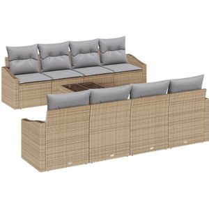 vidaXL - 9-delige - Tuinbank - Set - met - Kussens - Beige - Poly - Rattan