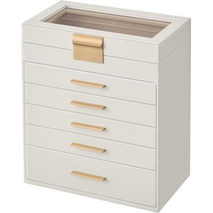 Sieradendoos met 6 niveaus en glazen deksel - Ruime opbergdoos voor zonnebrillen - Modern design - Troebel wit-goud - JBC171W01